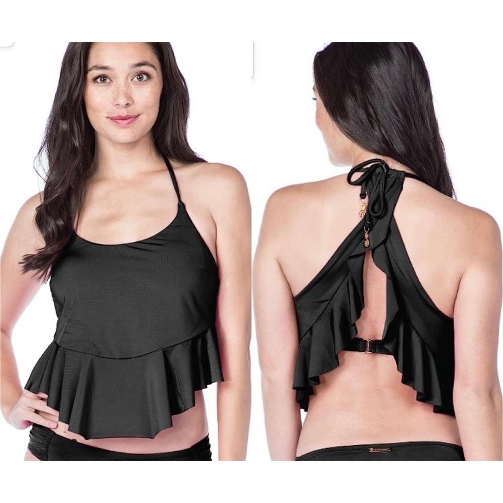 Trina Turk | Black Flutter Ruffle Halter Tankini Swimsuit Top Size 4